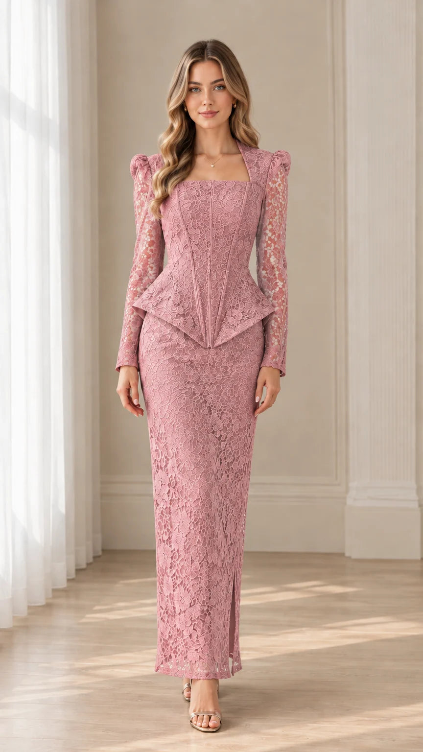 Model wearing dusty rose pink floral lace corset peplum top and maxi skirt set