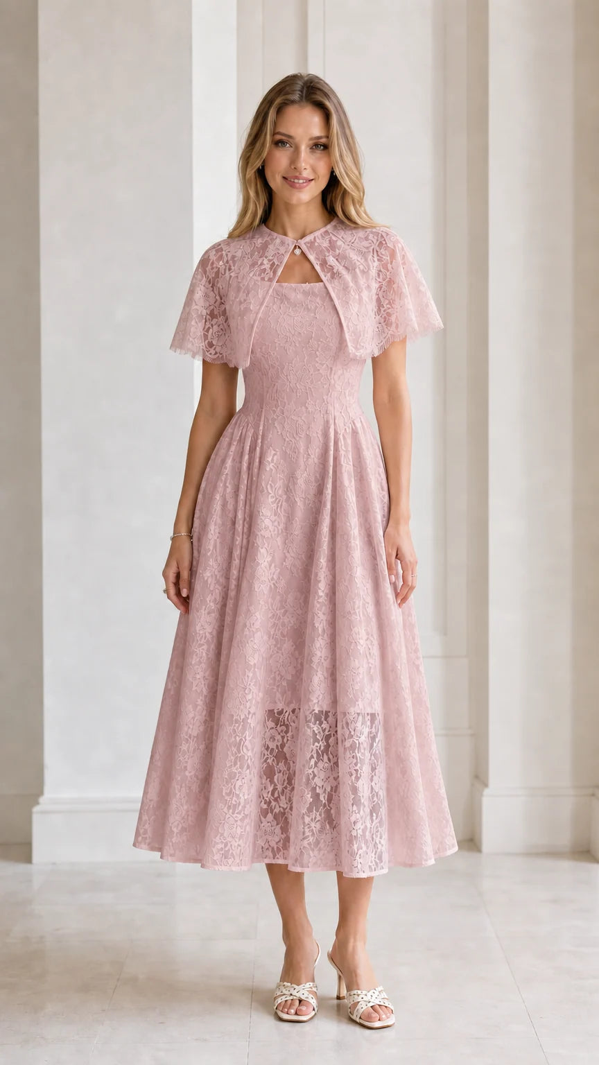 Model wearing Dusty Pink Floral Lace Capelet Midi Dress
