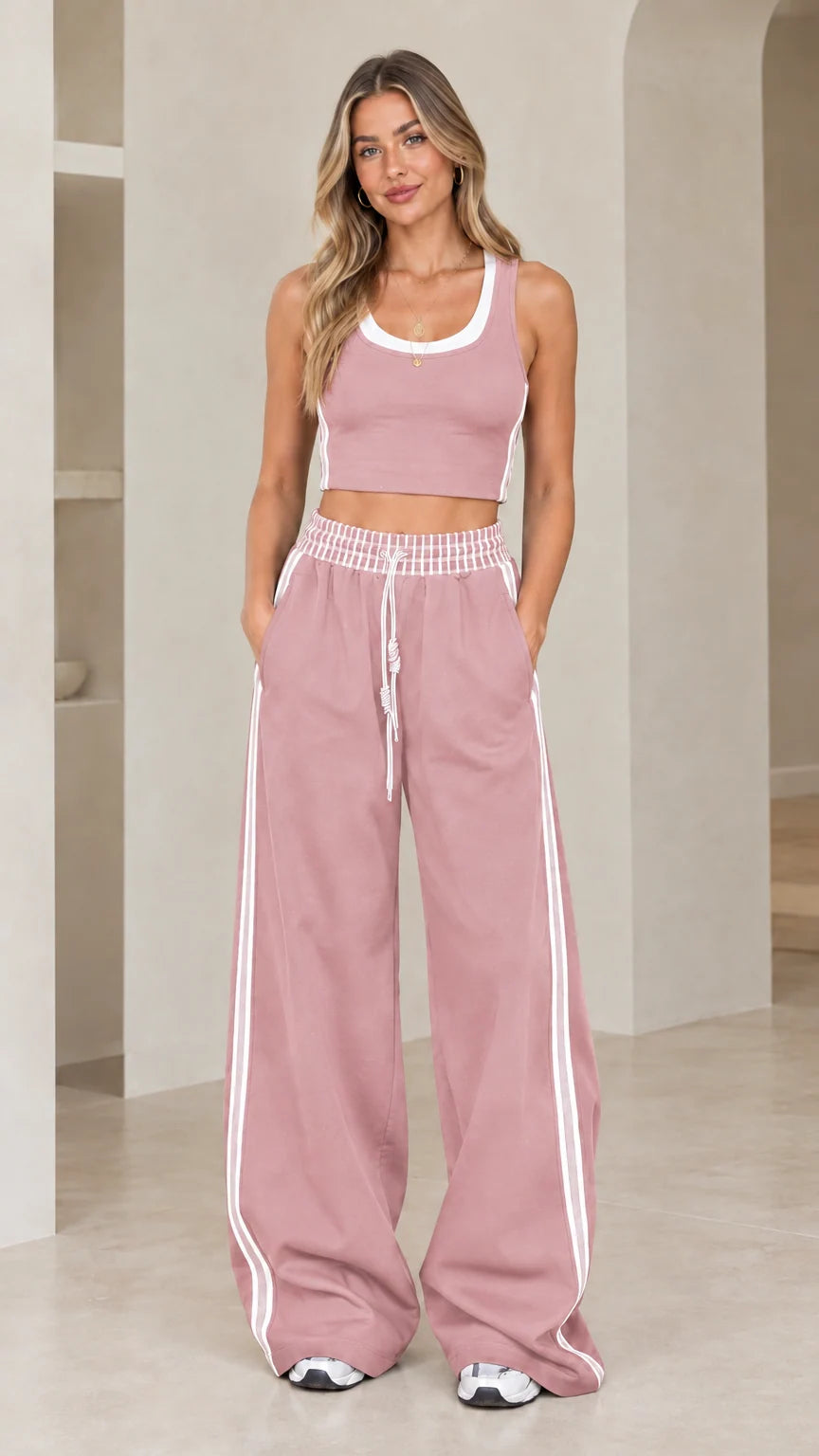 Front view of model wearing Dusty Pink crop tank and wide-leg pants set