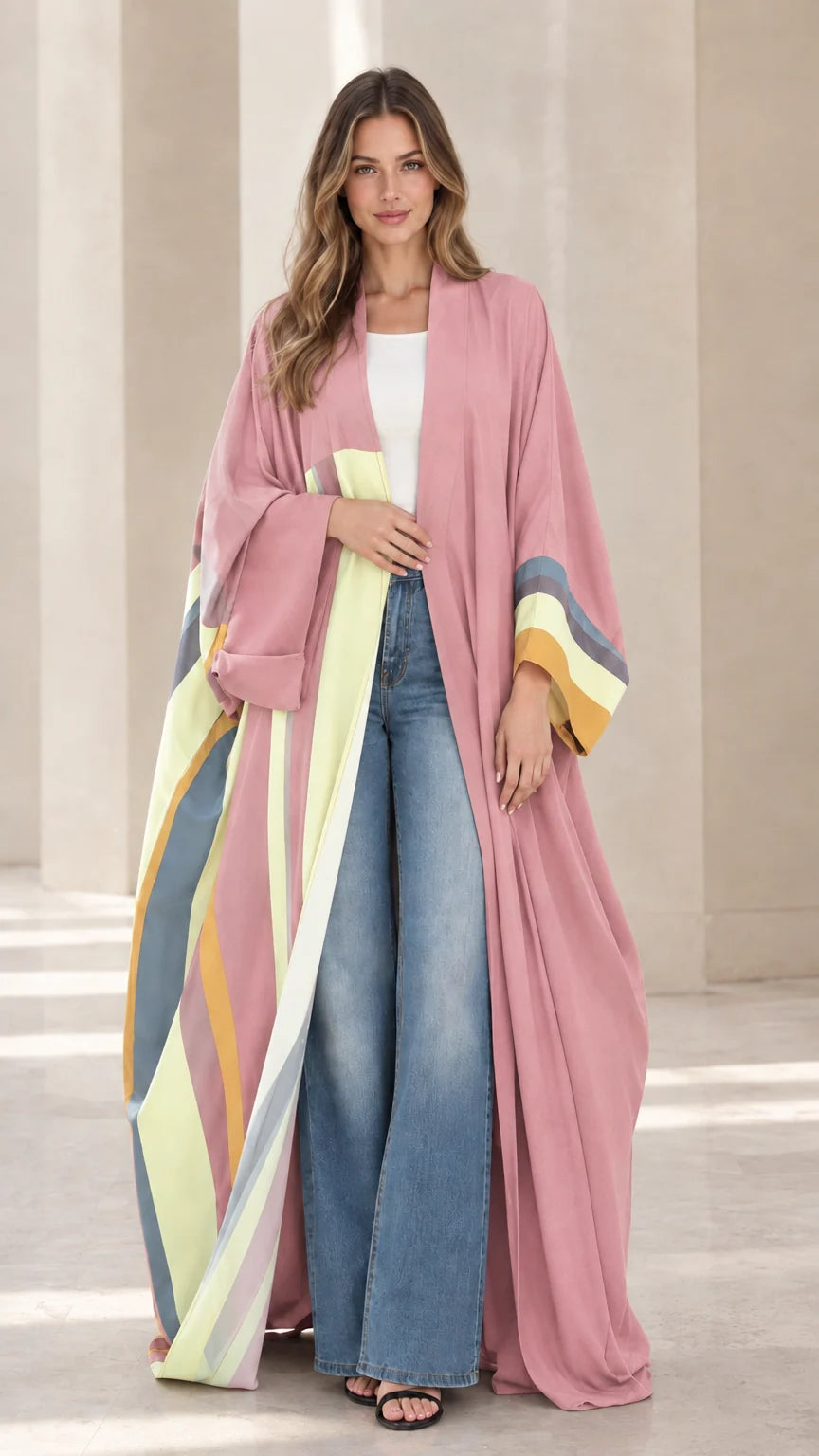 Full-length front view of dusty pink colorblock open-front kimono abaya