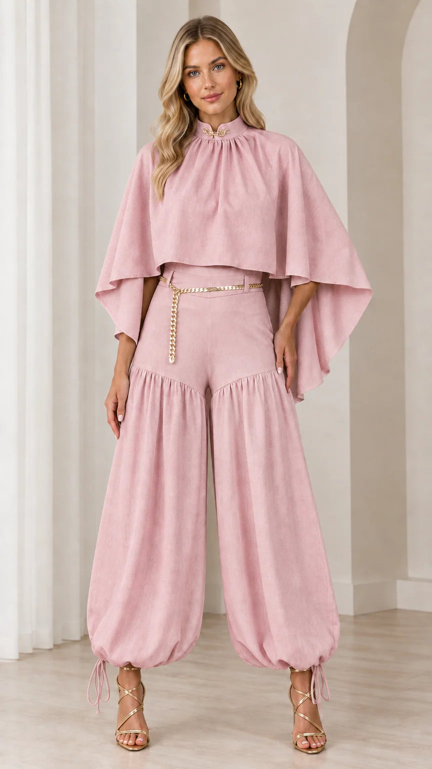 Dusty pink capelet top and ruched balloon pants set with gold belt