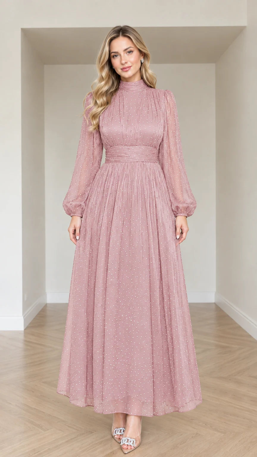 Front view of woman wearing Dusty Pink sparkle dot mock neck long sleeve maxi dress
