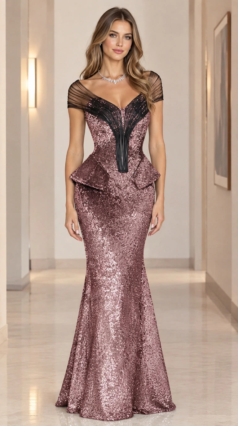 Model wearing dusty rose sequin peplum mermaid evening dress