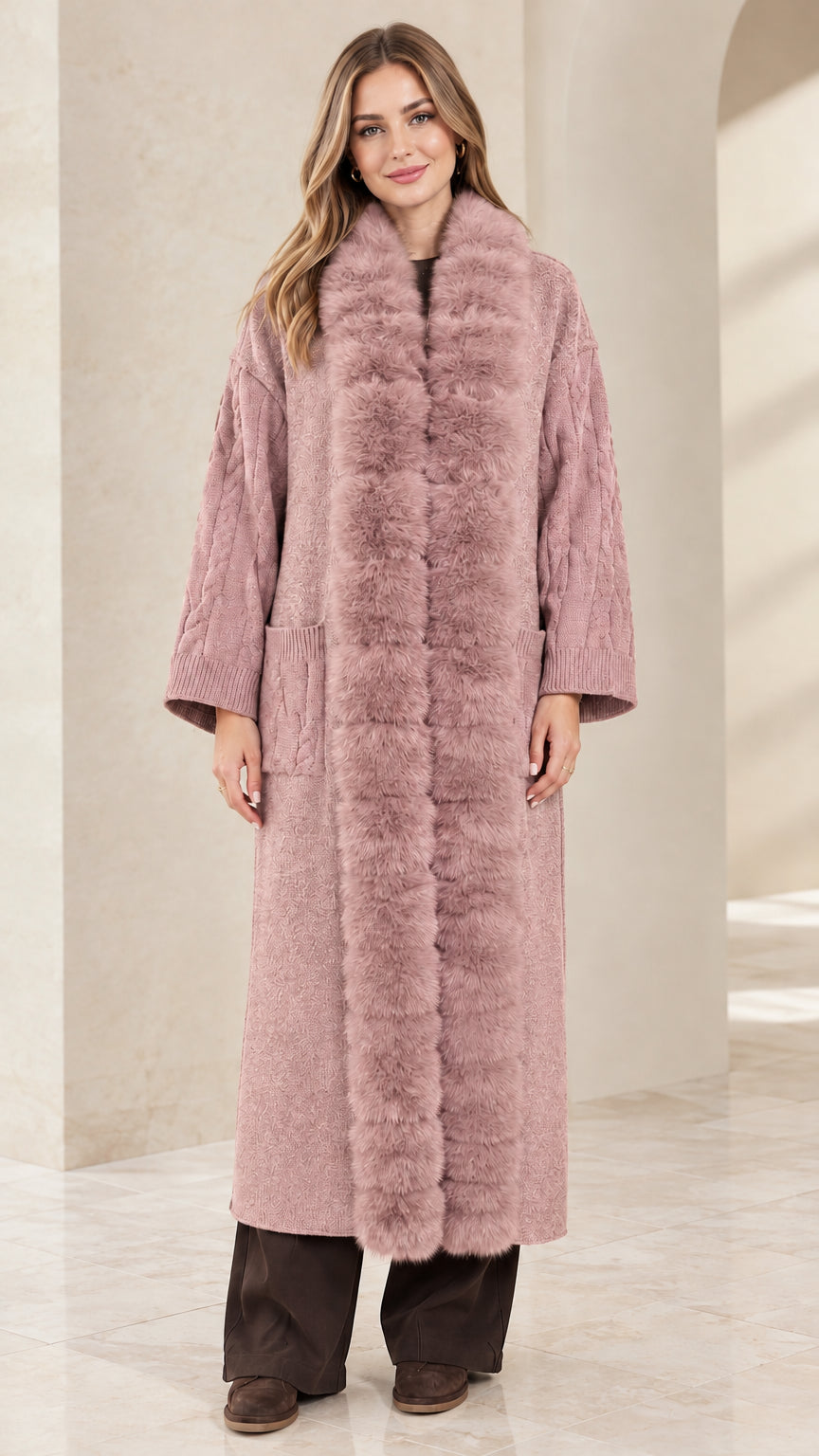 Dusty Pink maxi cardigan coat with matching faux fur collar