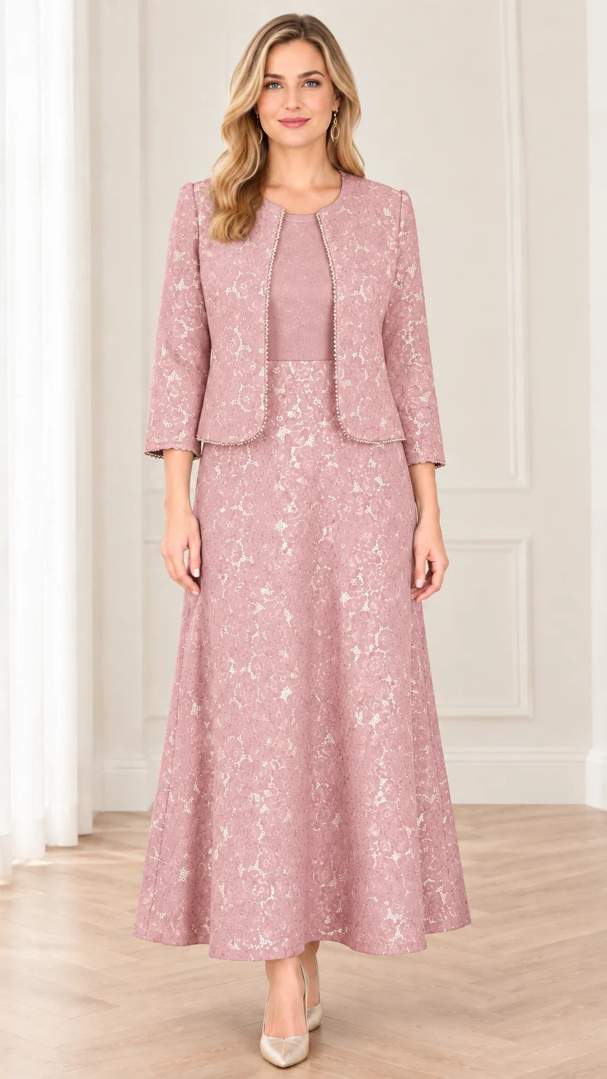 Front view of dusty rose floral lace two-piece maxi dress with beaded jacket
