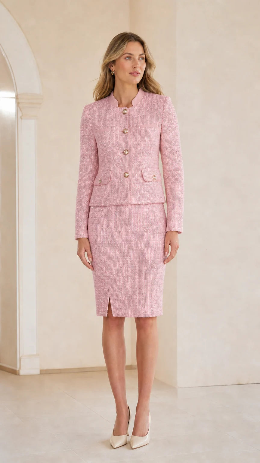 Full-length view of woman wearing pink tweed two-piece skirt suit set