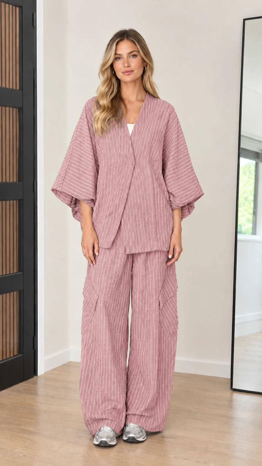 Women's dusty pink pinstripe matching kimono sleeve top and wide-leg pants set