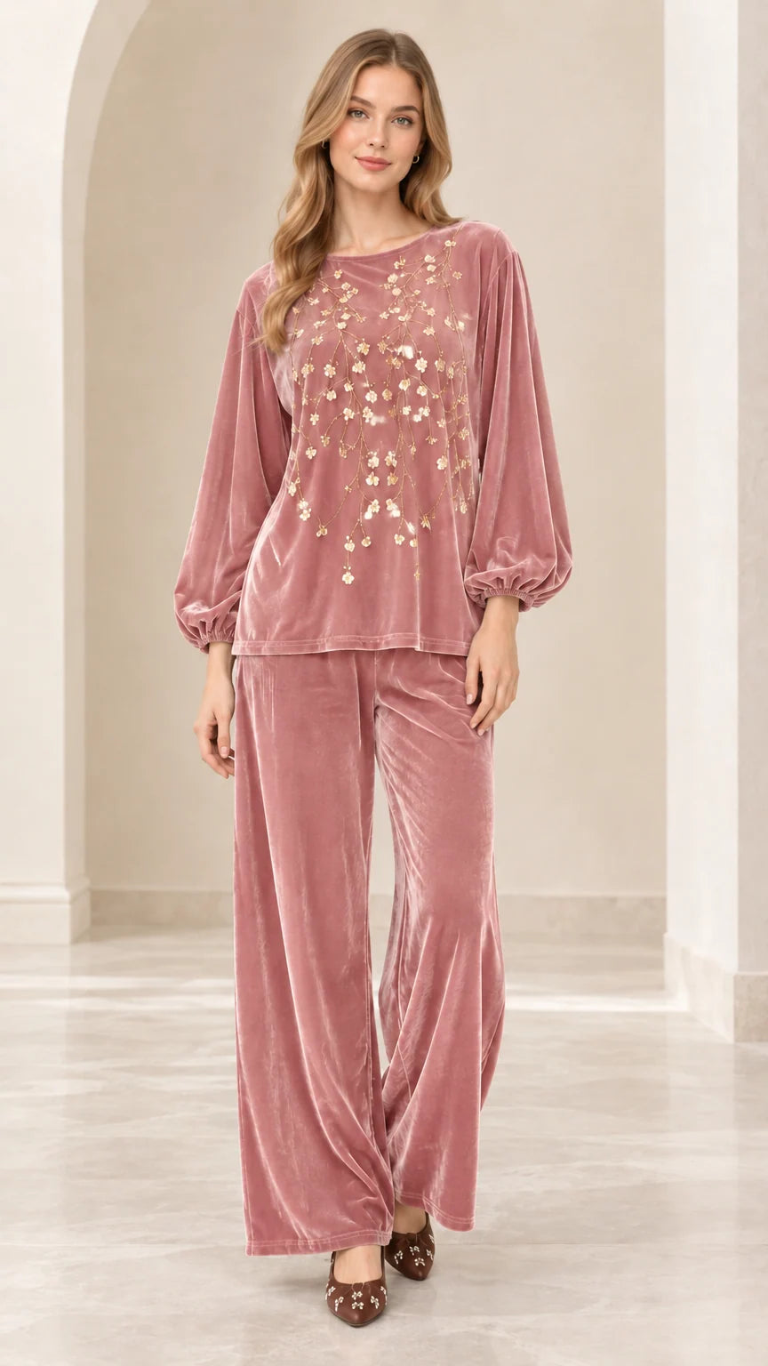 Front view of women's dusty rose pink velvet two-piece set with floral sequins