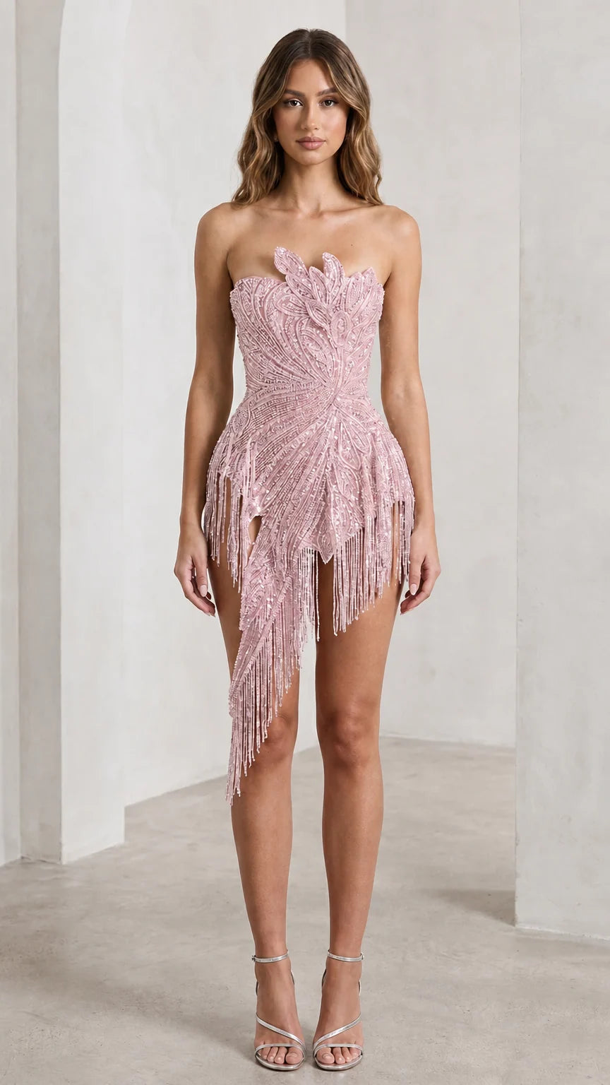 Front view of blush pink strapless beaded fringe mini dress