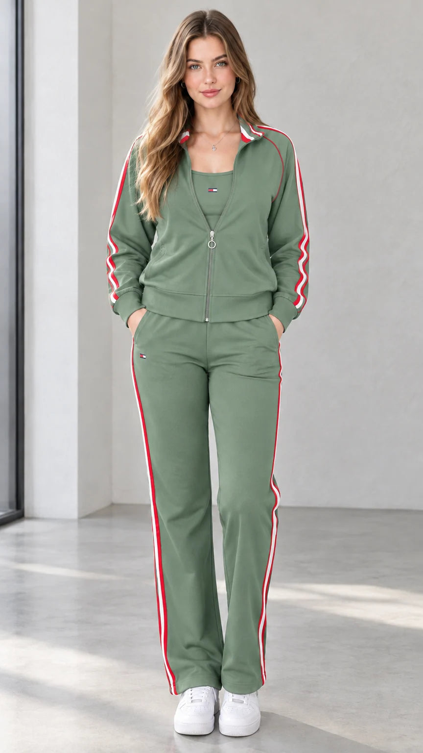 Front view of woman wearing sage green contrast stripe track jacket and pants set
