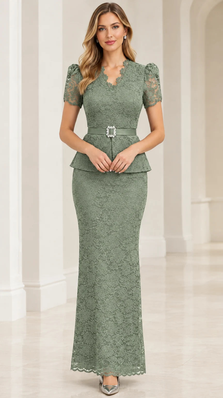 Model wearing sage green floral lace belted peplum evening dress