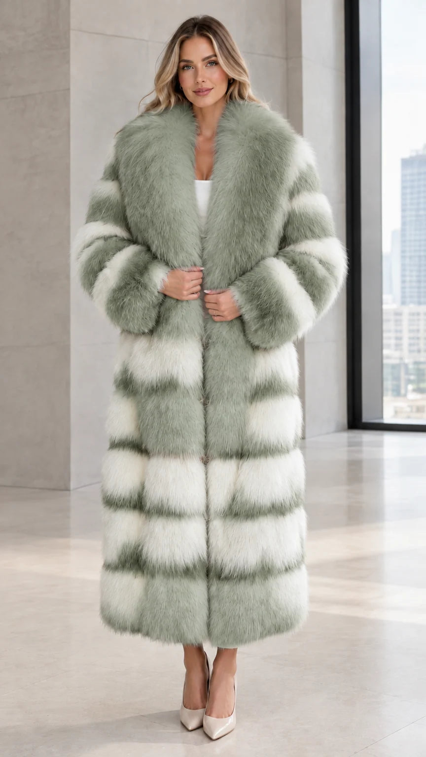 Front view of woman wearing sage green striped maxi faux fur coat
