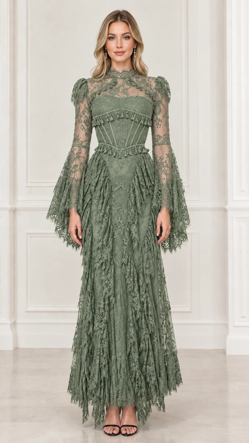 Sage green high neck lace evening gown with corset bodice and bell sleeves