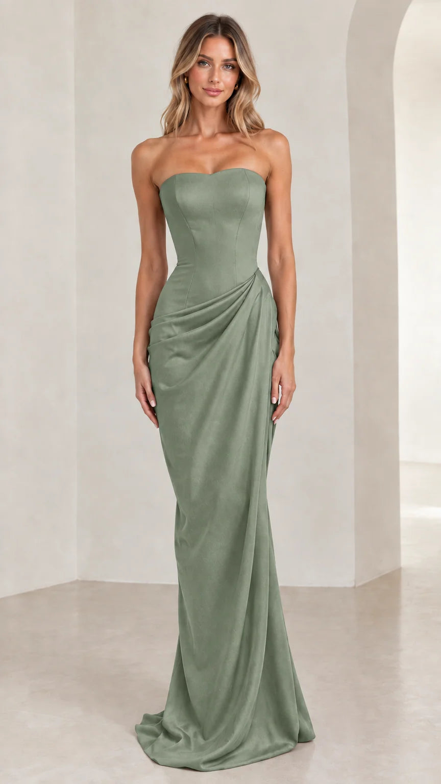 Model wearing sage green strapless draped maxi formal evening dress