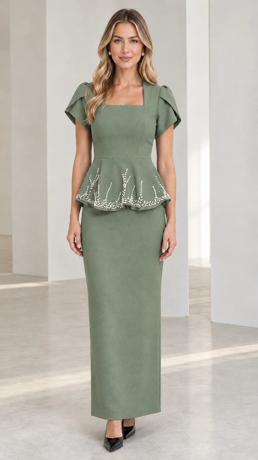 Sage green square neck beaded peplum maxi evening gown
