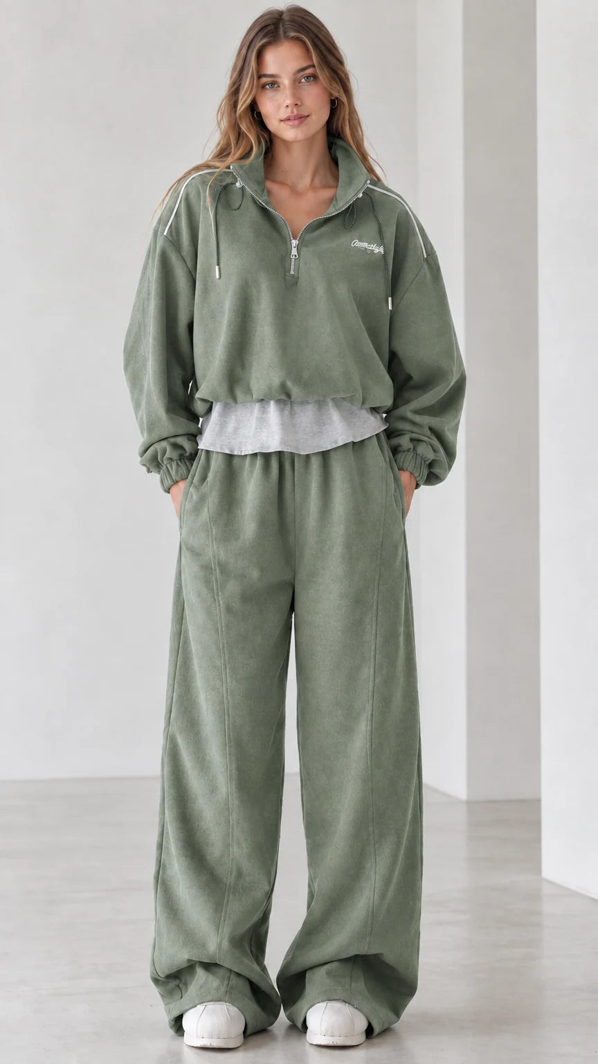 Women's sage green two-piece half-zip sweatshirt and wide-leg loungewear set