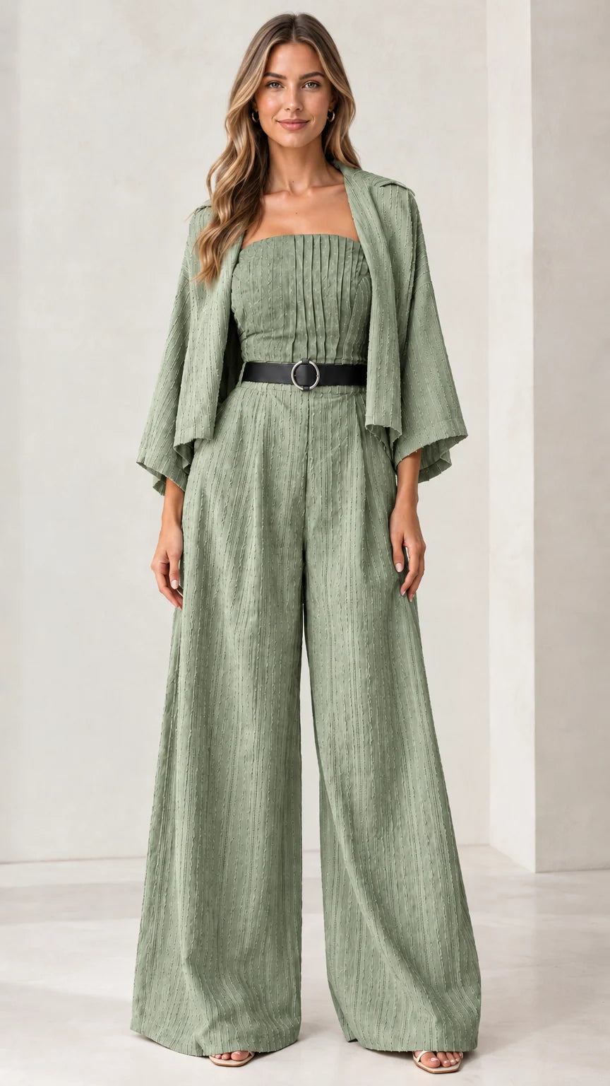 Full front view of the pleated bandeau wide-leg jumpsuit set in sage green