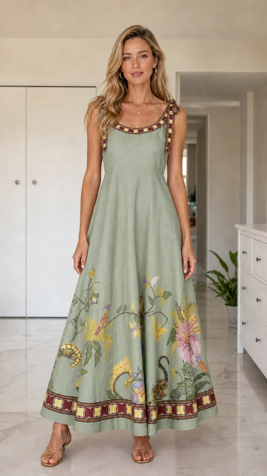 Front full view of sage green floral maxi dress variant