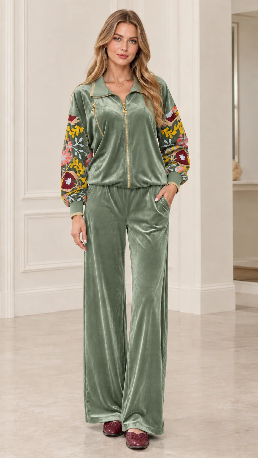 Sage green embroidered velvet tracksuit set full front view