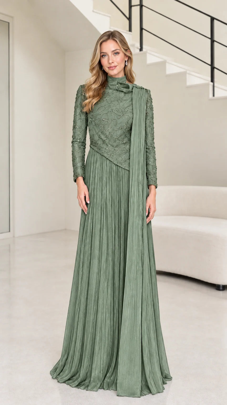 Front full-length view of sage green long sleeve beaded pleated formal evening gown