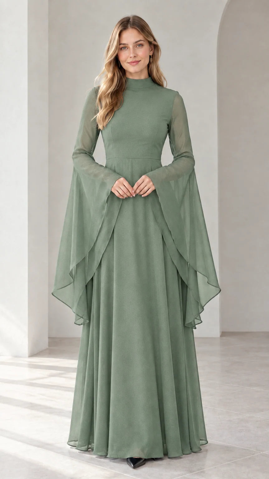 Full-length view of sage green long sleeve chiffon maxi dress with bell cuffs