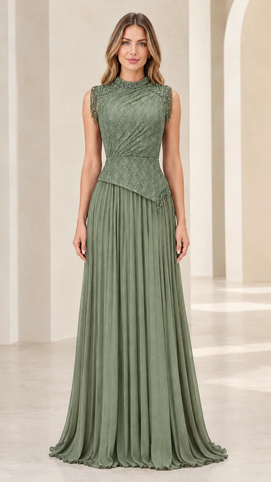 Model wearing sage green sleeveless beaded bodice pleated formal gown