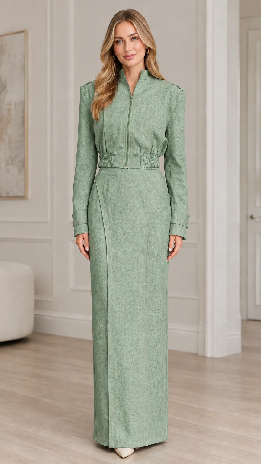 Sage green tailored two-piece zip jacket and long column skirt outfit