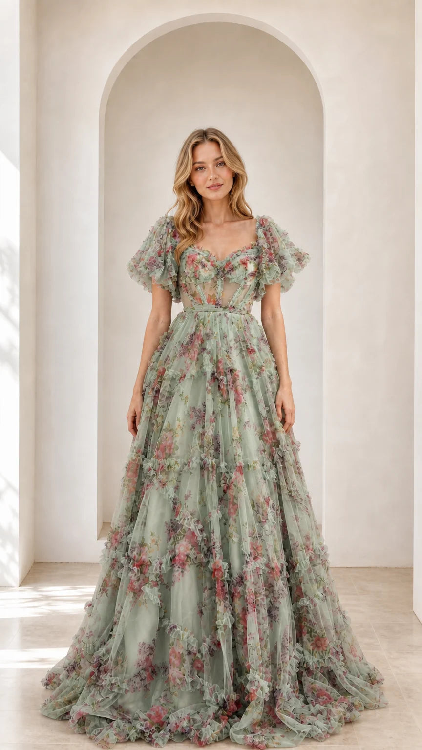 Full-length front view of sage green floral ruffled tulle maxi ball gown