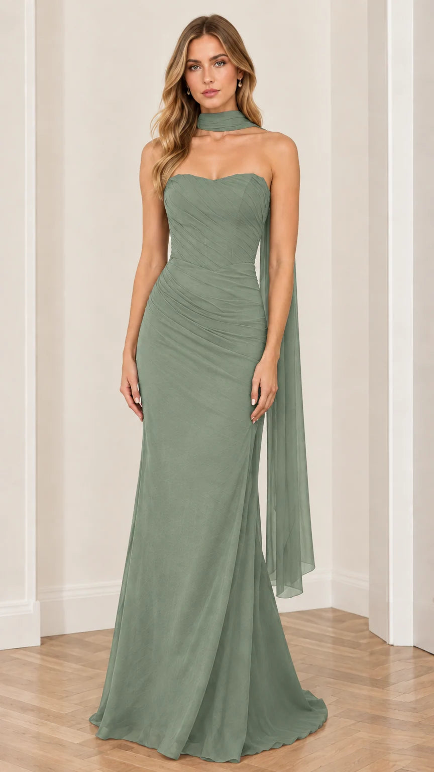 Sage green strapless ruched evening dress with elegant trailing scarf