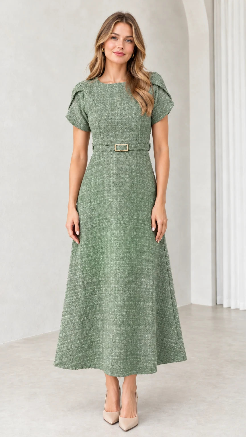 Front view of sage green textured tweed belted A-line midi dress