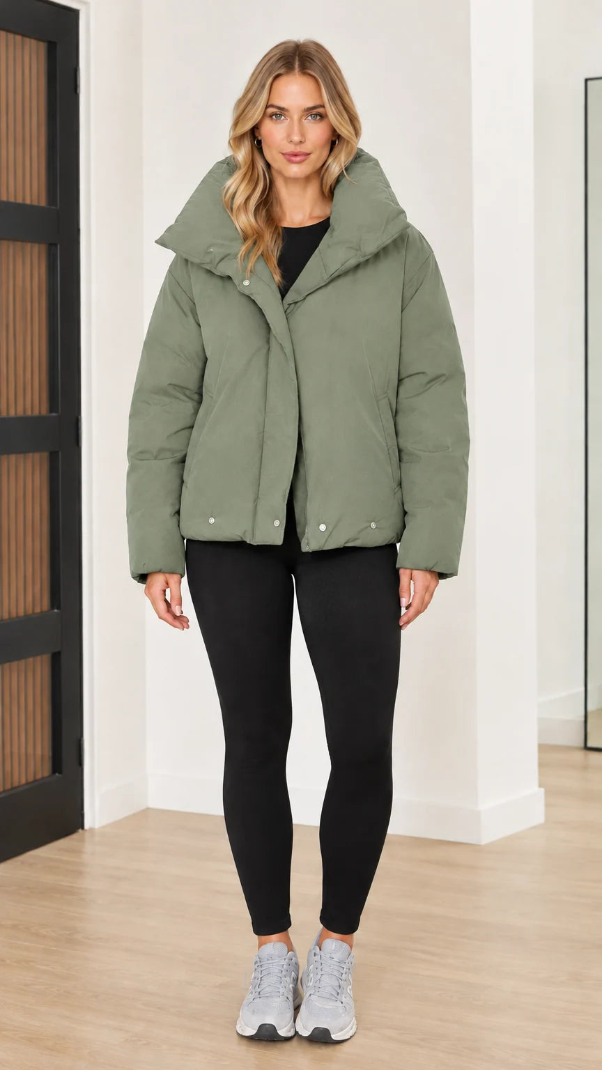 Front view of woman wearing sage green funnel collar puffer jacket