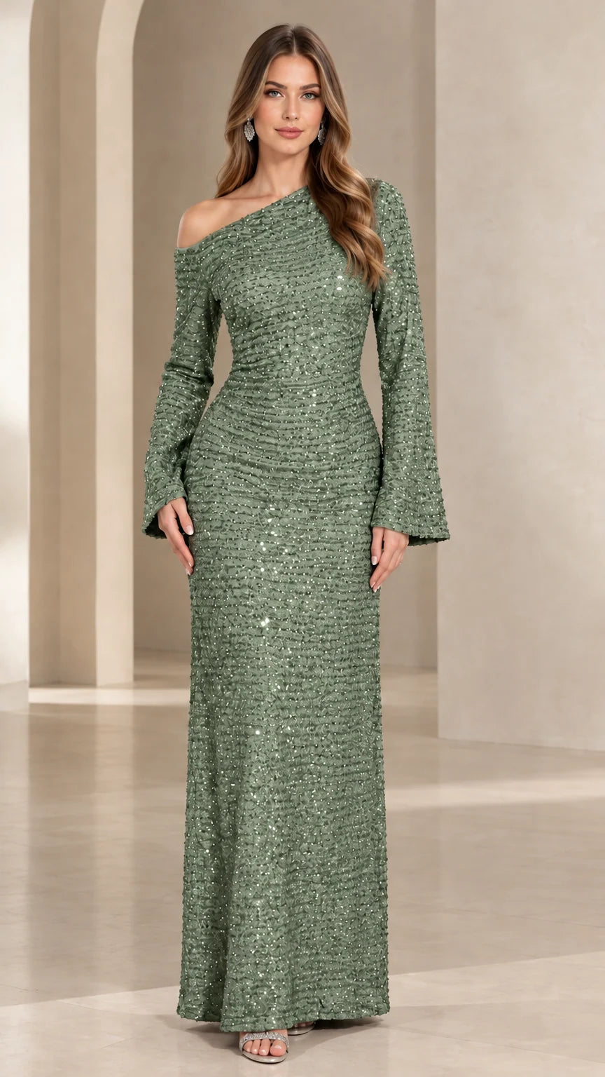 Sage green one-shoulder shimmering sequin maxi formal dress