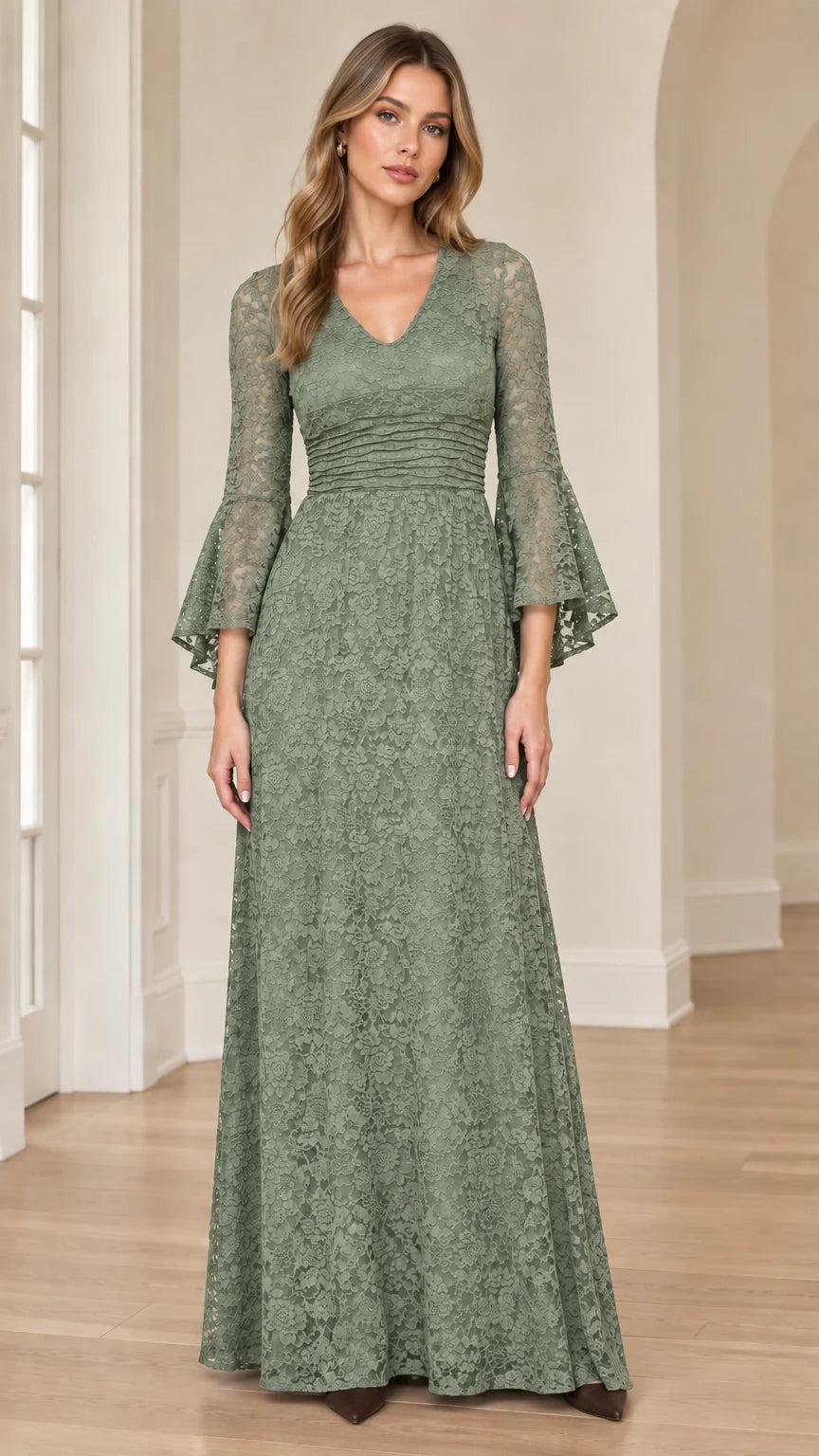 Front view of sage green floral lace maxi gown with bell sleeves
