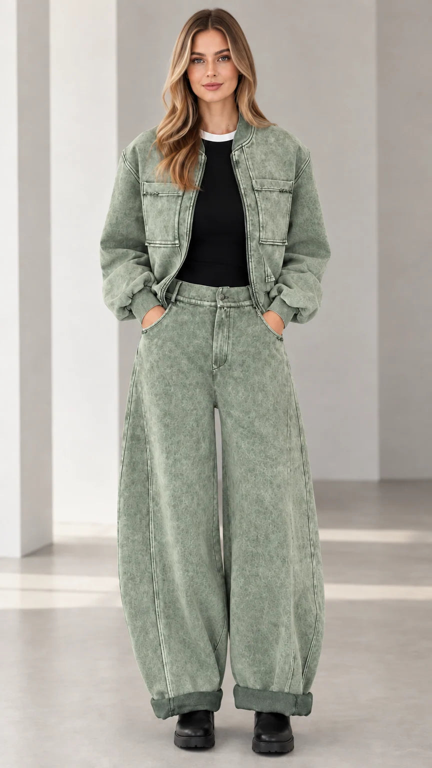 Full front view of sage green acid wash denim jacket and wide leg pants set
