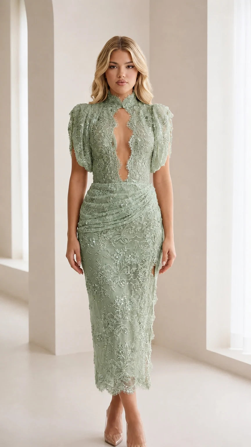 Model wearing sage green lace midi dress variant