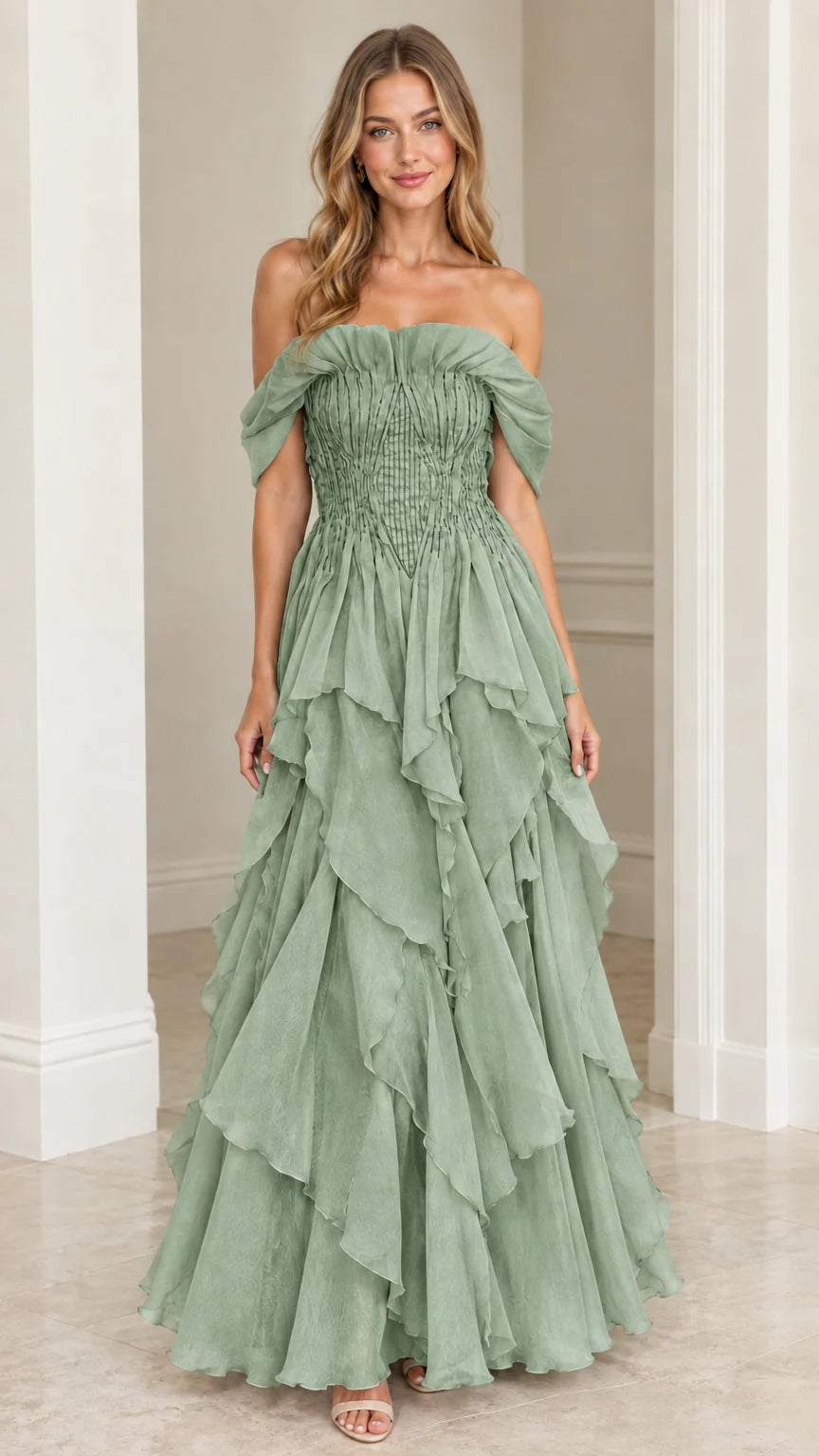 Front view of model wearing Sage Green off-the-shoulder tiered ruffle maxi dress
