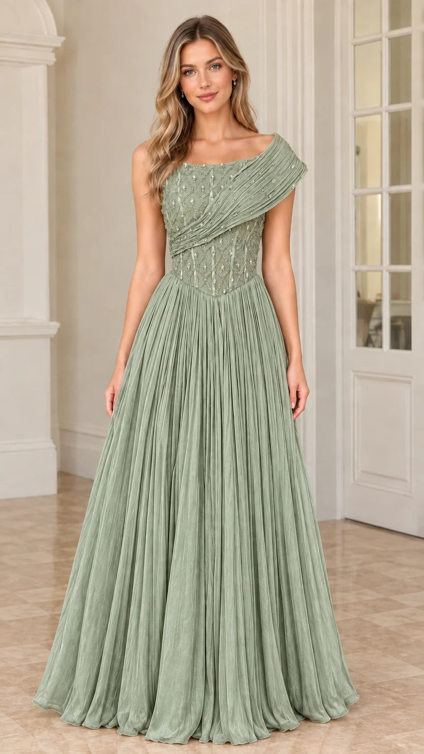 Front view of model wearing Sage Green one-shoulder beaded pleated maxi gown