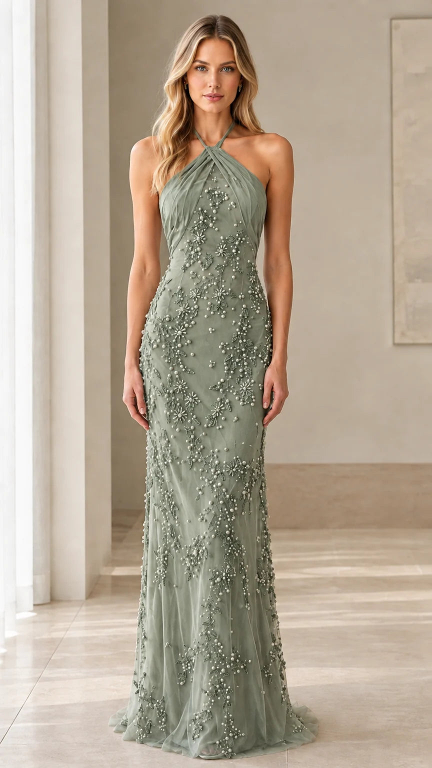 Model wearing Sage Green beaded halter neck gala dress