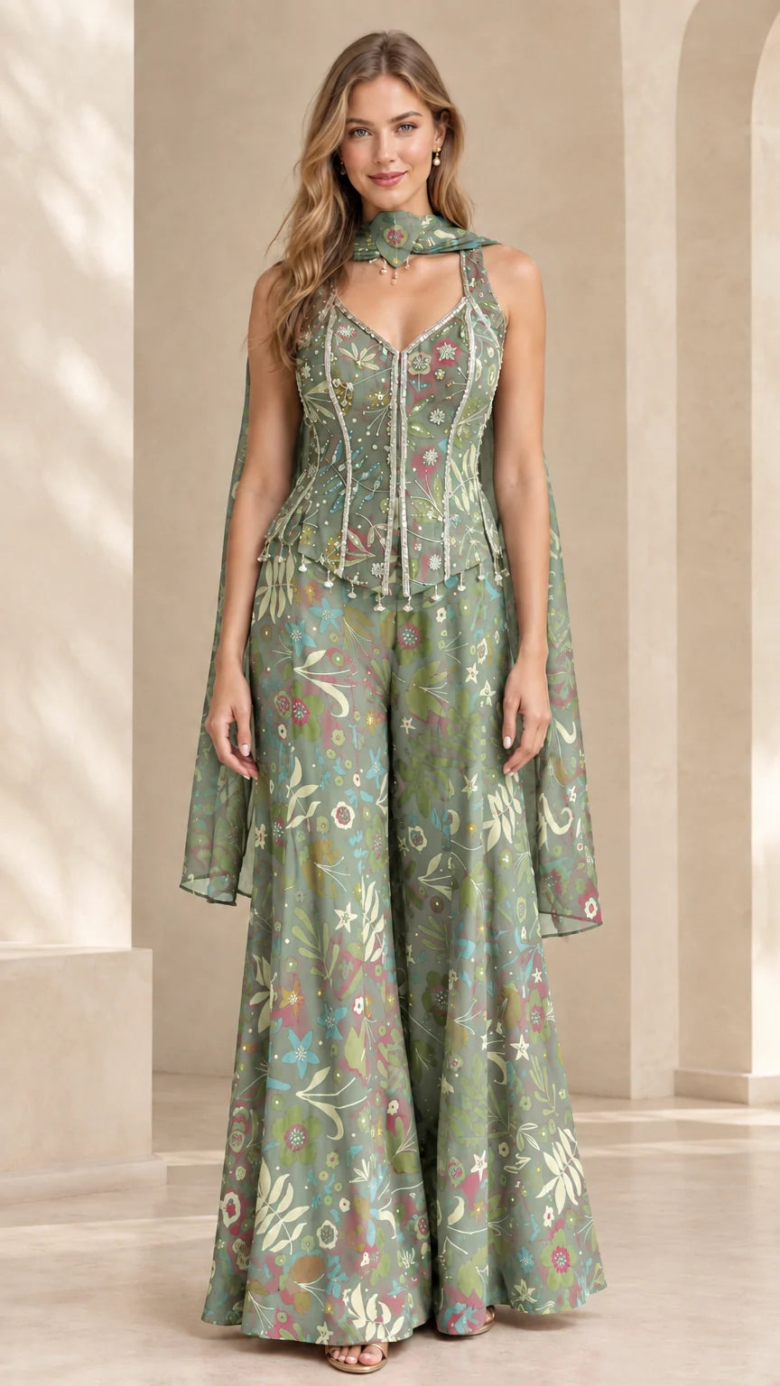 Full length view of floral corset wide-leg jumpsuit in sage green