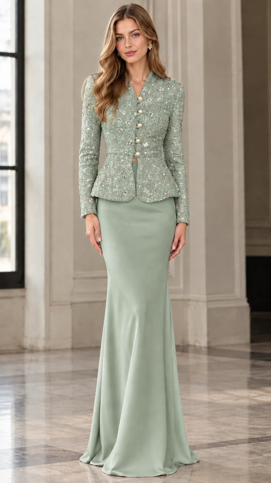 Full-length front view of sage green embellished tweed peplum jacket and skirt set