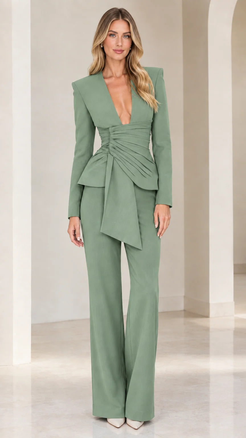 Full-length front view of sage green asymmetric draped blazer and wide-leg pant suit set