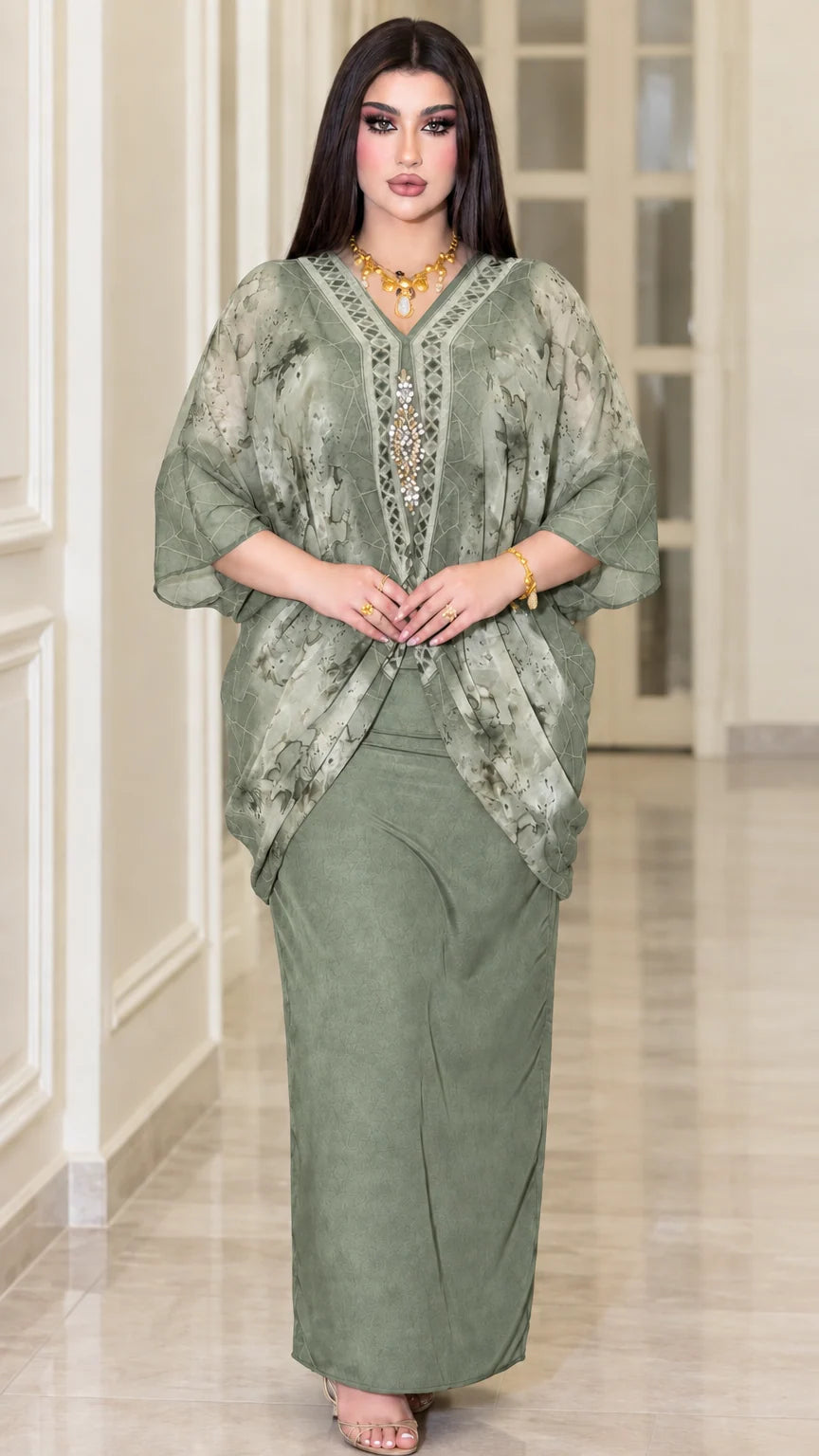 Model wearing sage green embellished chiffon kaftan maxi dress set
