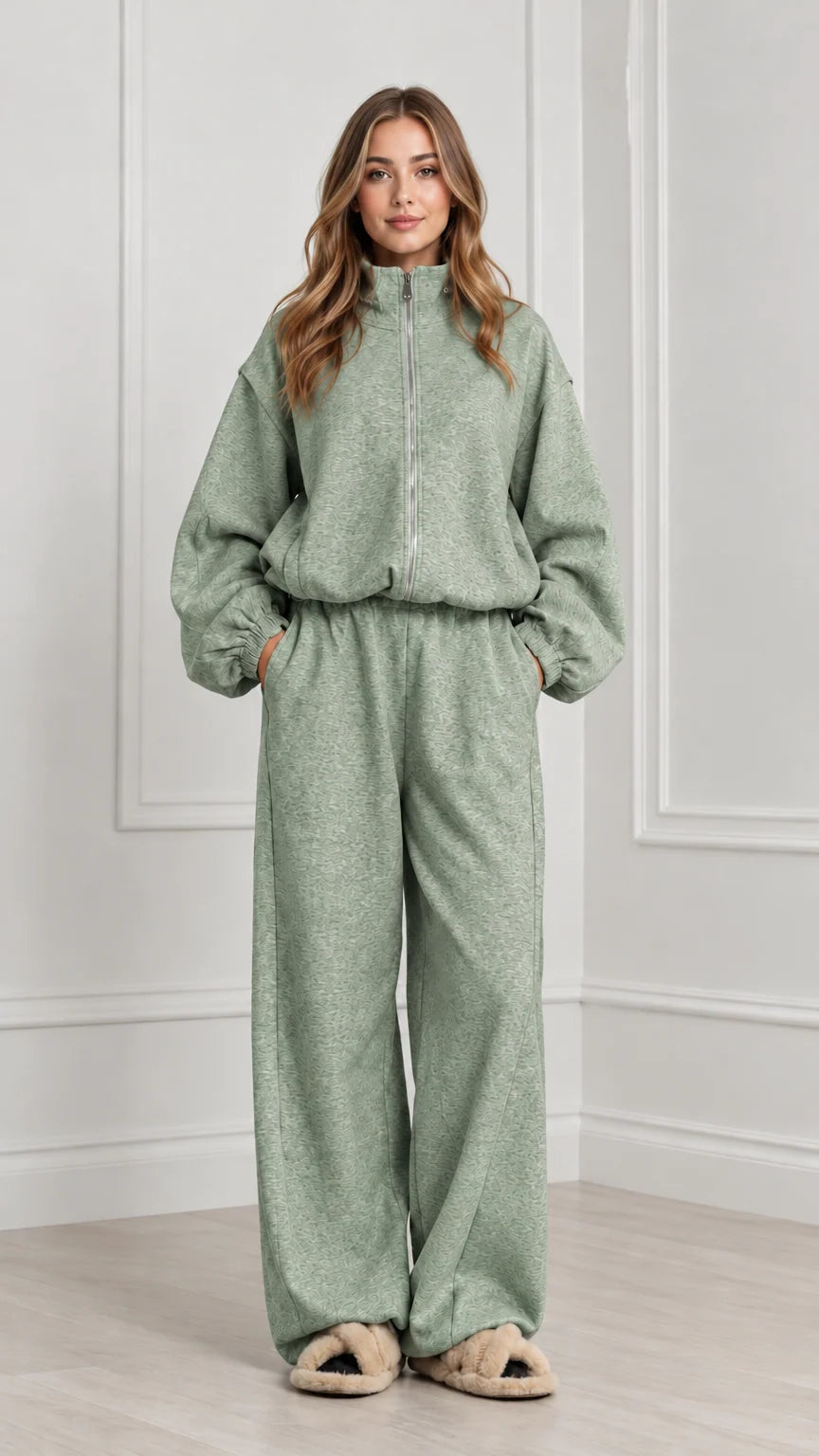 Women's sage green matching zip sweatshirt and sweatpants set