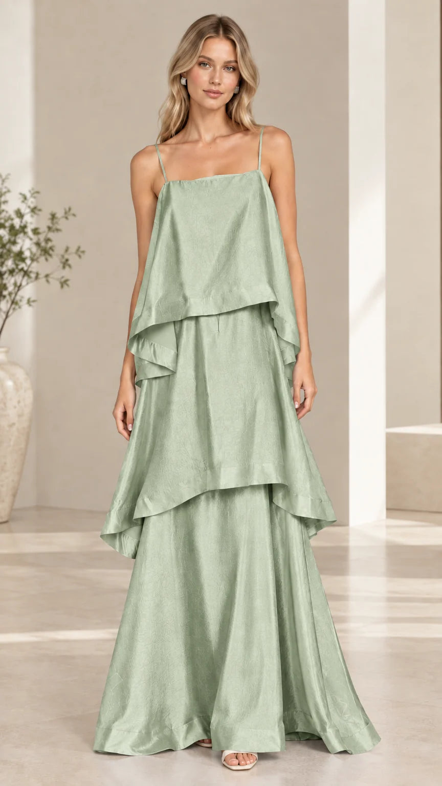 Model wearing sage green tiered cami maxi dress front view