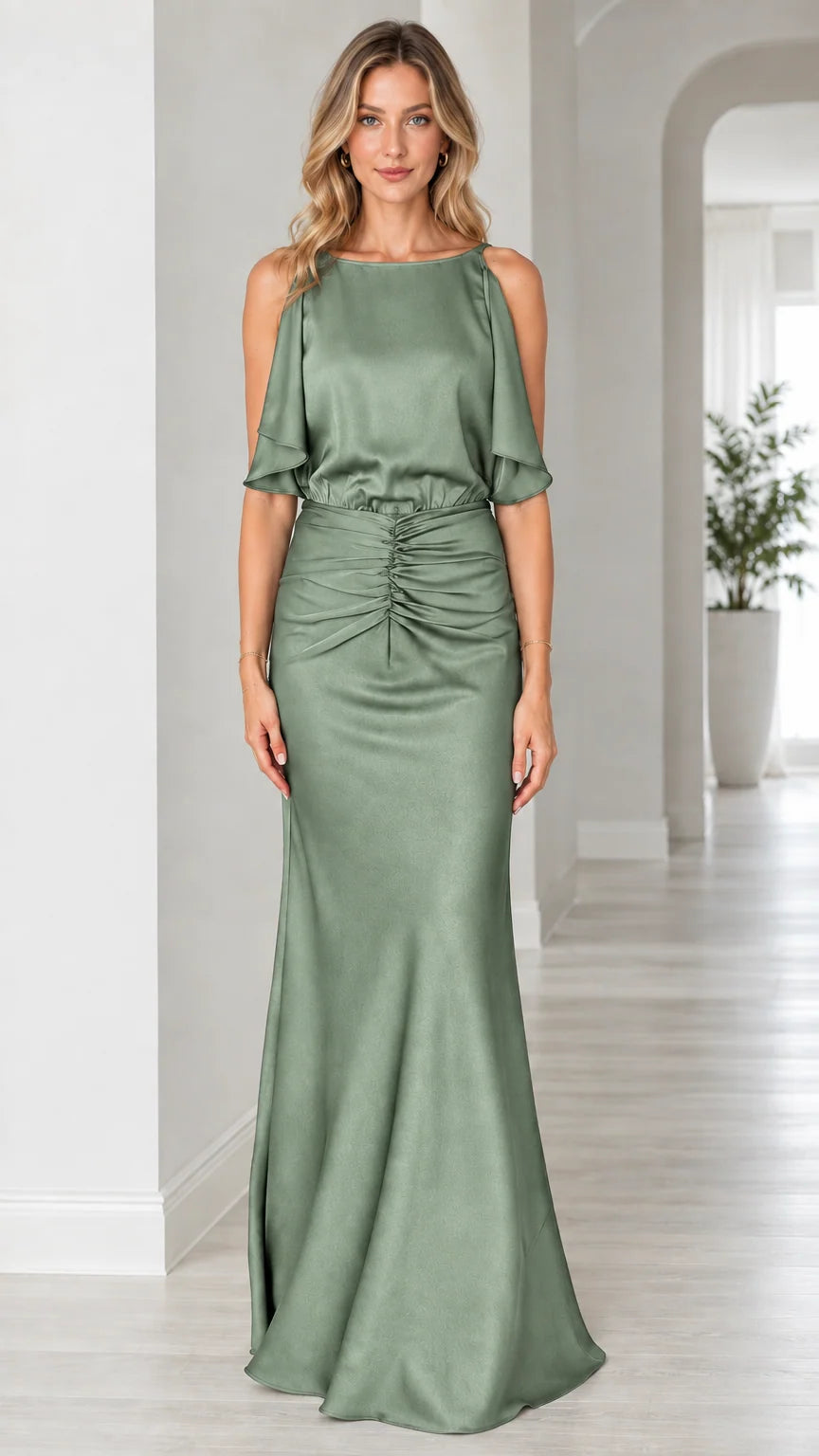Front view of model wearing sage green satin floor-length evening gown