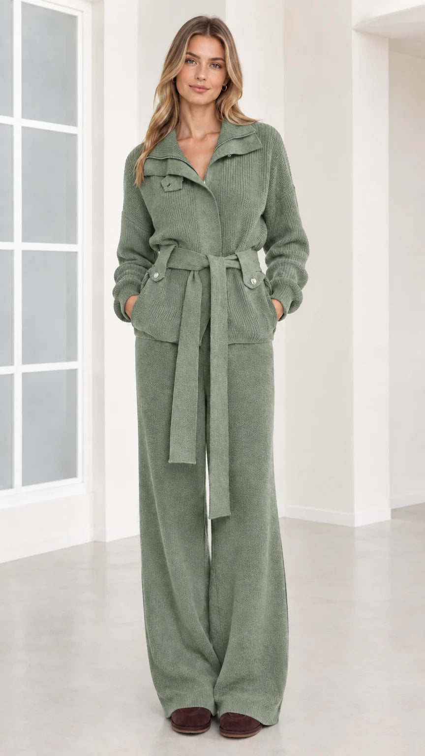 Front view of woman wearing sage green ribbed knit belted two-piece set