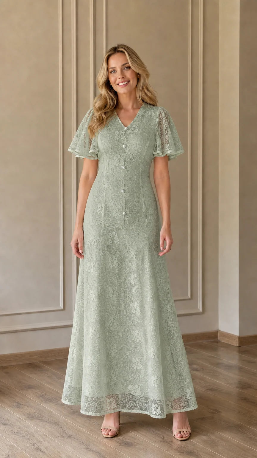 Front view of Sage Green lace maxi dress on model