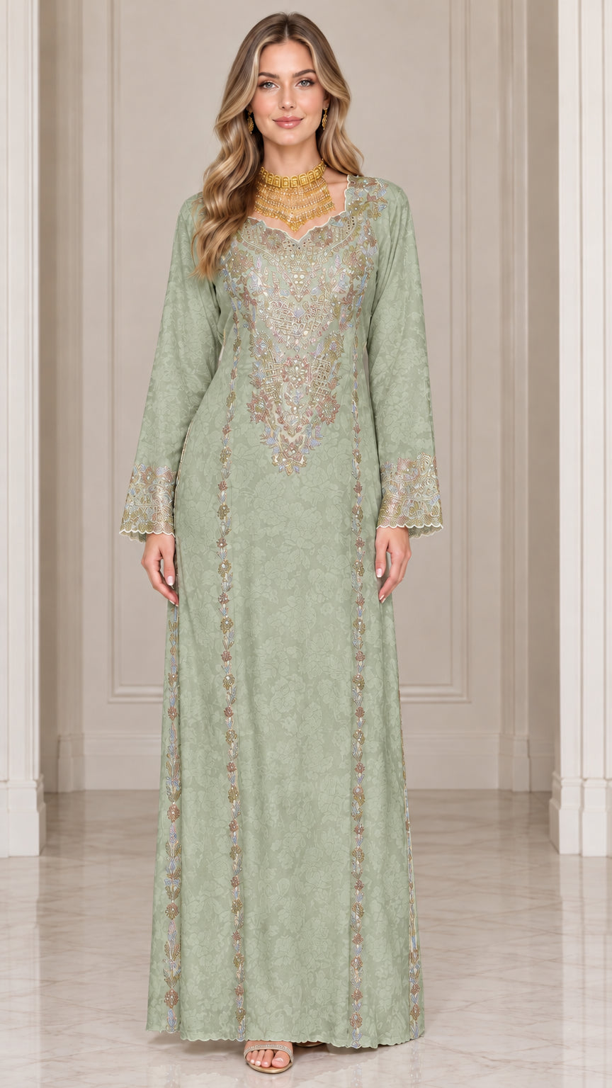 Front full-length view of sage green embroidered long sleeve maxi kaftan dress