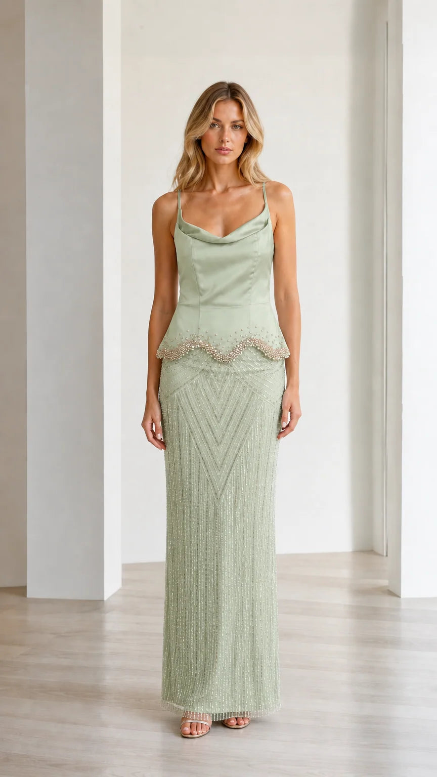 Elegance Beaded Cami Peplum Maxi Dress in Sage front view