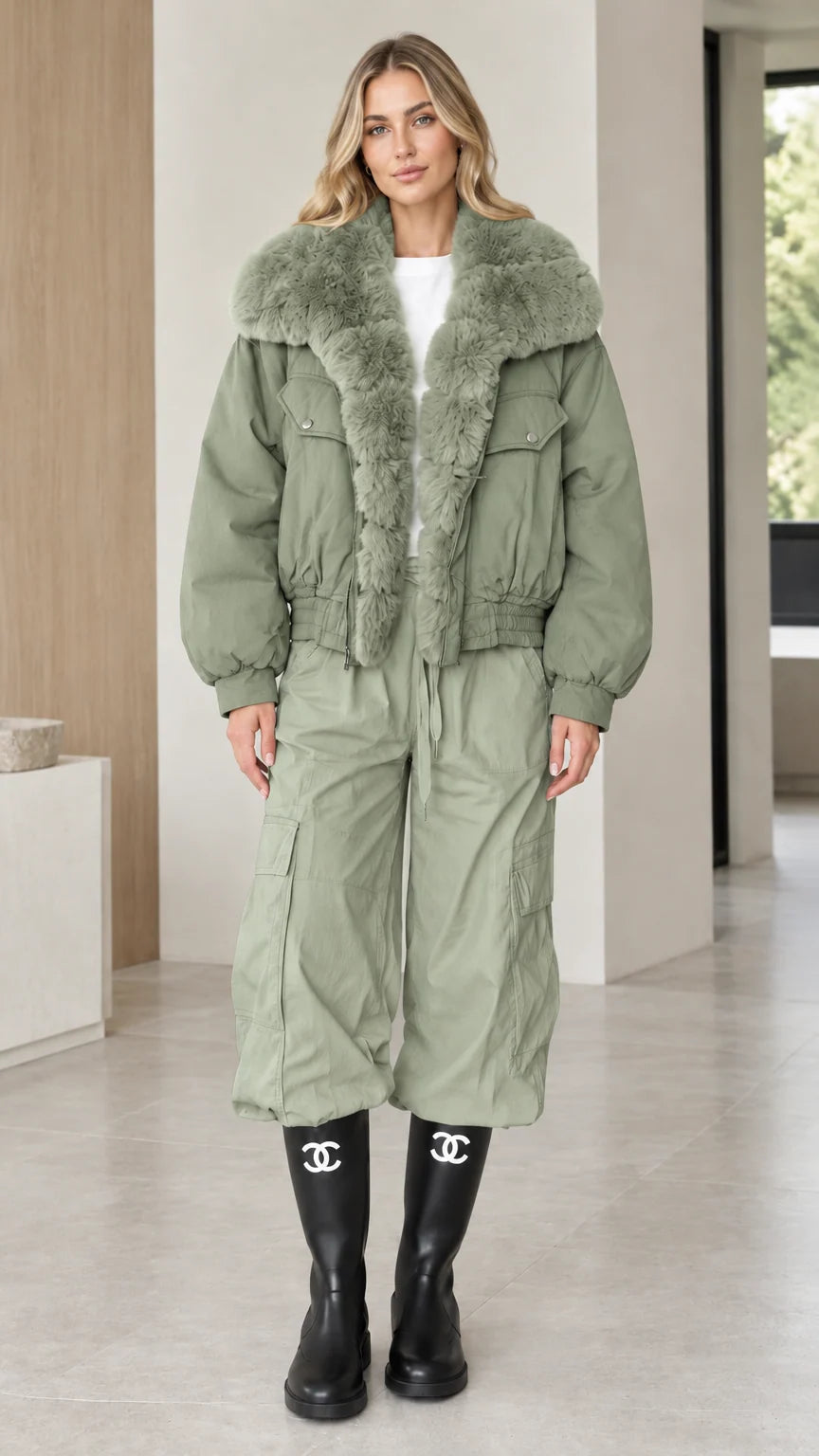 Model wearing sage green faux fur collar bomber jacket with cargo trousers